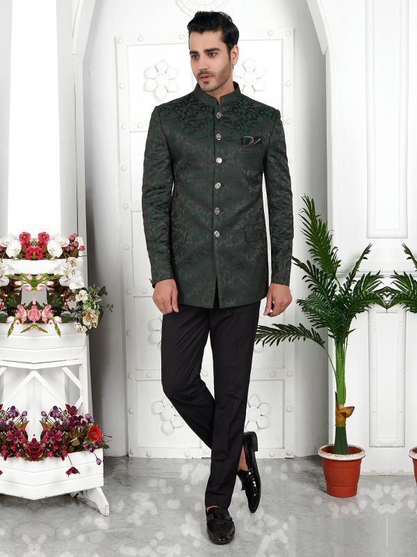 Dark Green Floral Embellished Mens Bandhgala Suit
