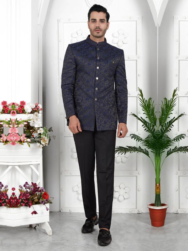 Royal Blue Woven Jodhpuri Coat In Jacquard