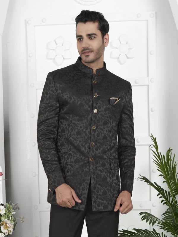 Black Mens Bandhgala Suit In Jacquard Weaving