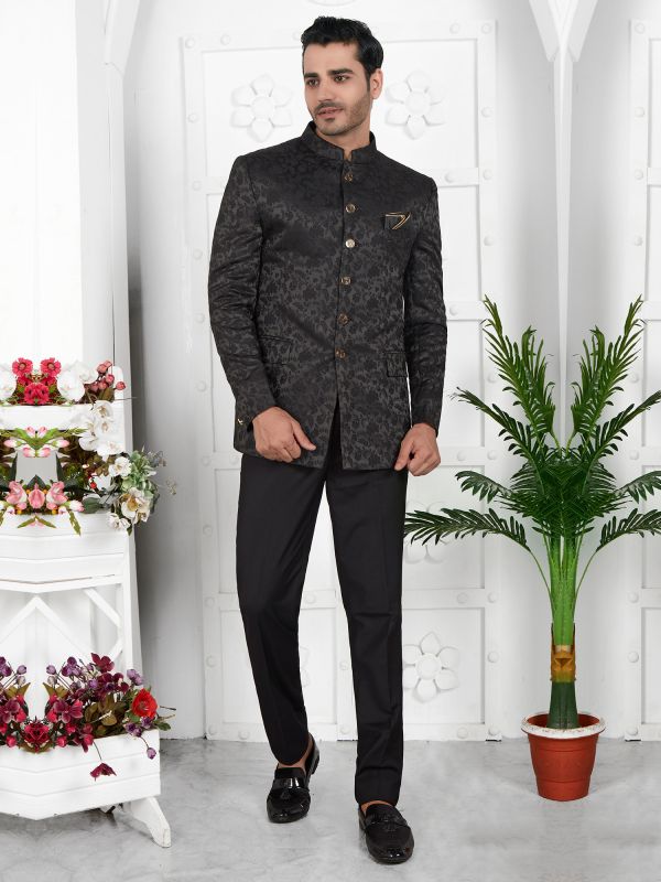 Black Mens Bandhgala Suit In Jacquard Weaving