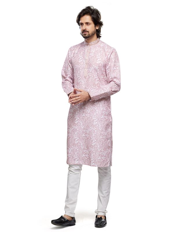 Pink Mens Printed Readymade Kurta PyjamaIn Silk