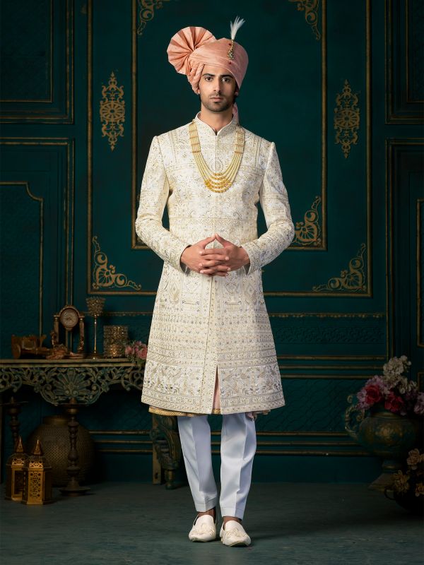 White Achkan Styled Sherwani In Stone Embroidery