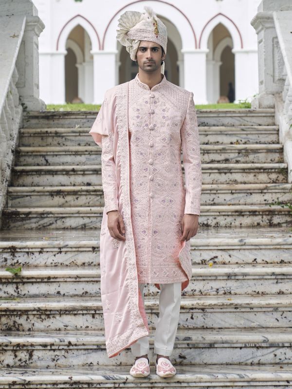 Baby Pink Stone Augmented Mens Sherwani With Stole