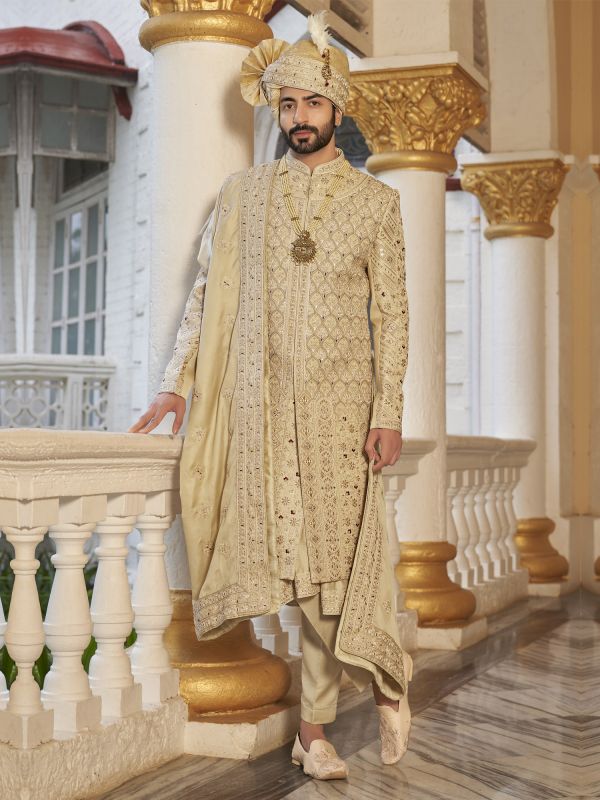 Golden Heavy Embroidered Wedding Sherwani For Mens