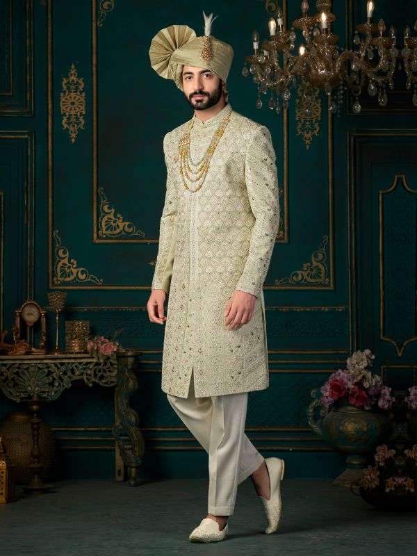 Pistachio Green Achkan Style Readymade Mens Sherwani