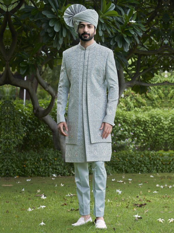 Light Blue Mens Embroidered Layered Indowestern