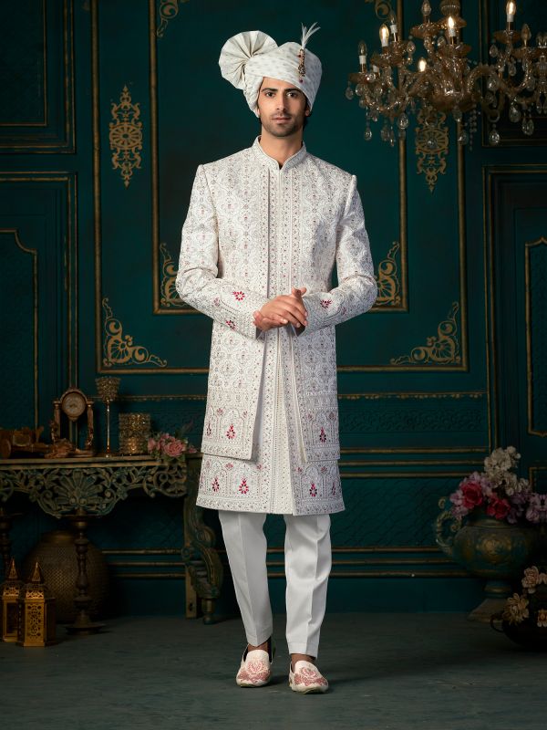 White Wedding Mens Indowestern In Layered Pattern
