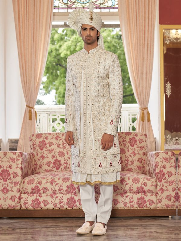 White Readymade Mens Sherwani With Anarkali Style