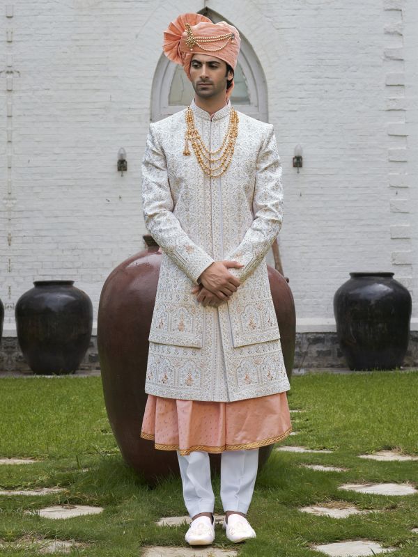 White Anarkali Style Mens Wedding Sherwani In Silk