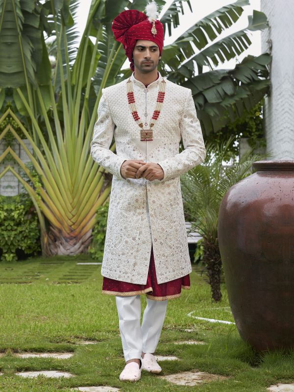 White Wedding Silk Sherwani In Thread Embroidery