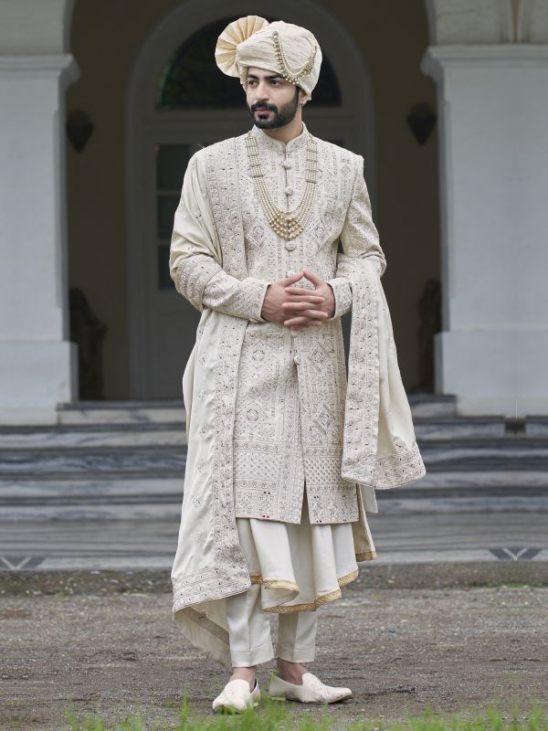 Cream Anarkali Styled Mens Embroidered Sherwani In Silk