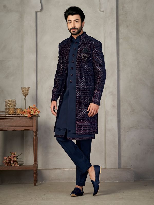 Navy Blue Thread Embroidered Jacketed Indowestern