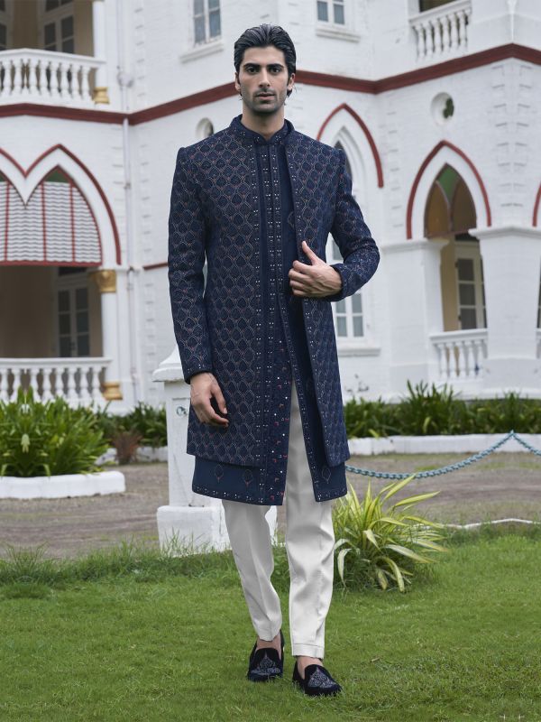 Navy Blue Jackted Mens Indowestern In Heavy Embroidery