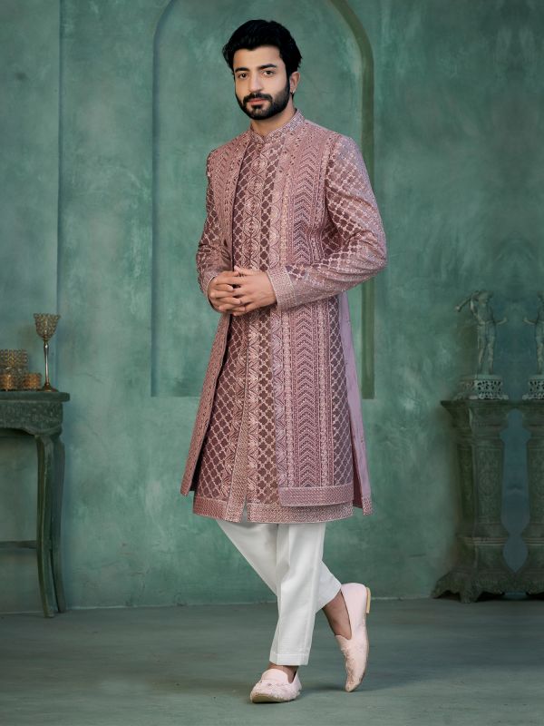 Mauve Pink Sequin Embroidered Indowestern For Mens