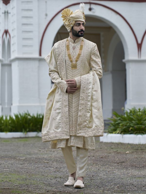 Cream Thread Embroidered Wedding Sherwani In Silk