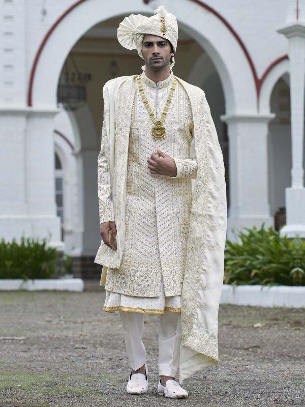Off White Anarkali Style Sherwani In Stone Embroidery