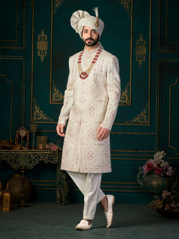 Off White Embroidered Men's Sherwani In Silk