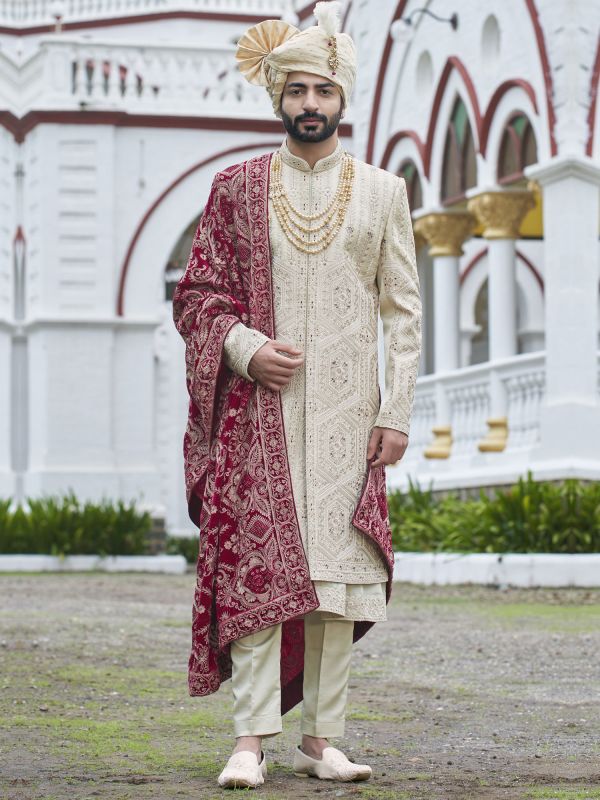 Cream Anarkali Groom's Sherwani In Stone Embroidery