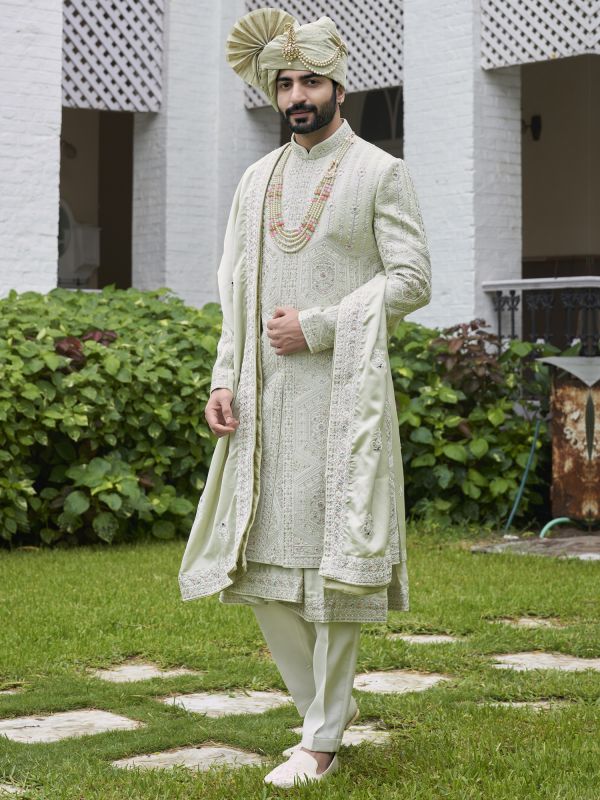 Green Embroidered Wedding Silk Sherwani For Mens