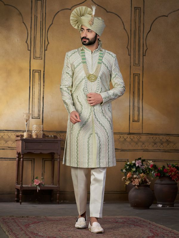 Green Indowestern Styled Embroidered Men's Sherwani