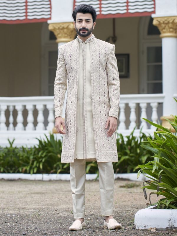 Off White Indo Western Set In Thread Embroidery