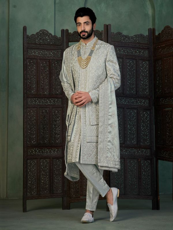 Grey Sequin Embroidered Three Layered Indowestern Set