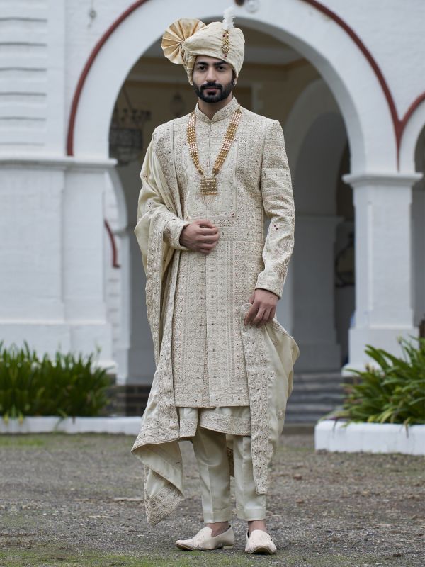 Ivory Readymade Men's Sherwani In Anarkali Style