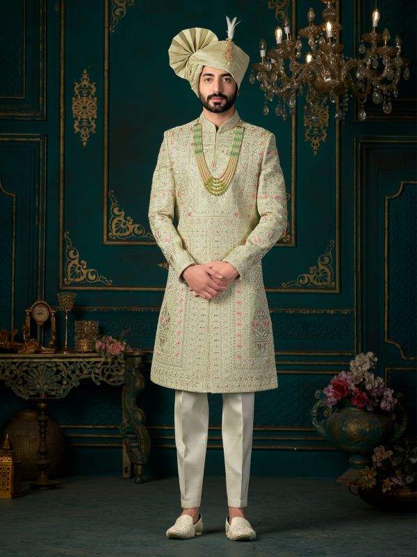 Green Thread Embroidered Wedding Sherwani For Men