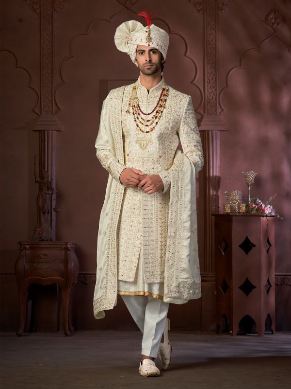 Off White Anarkali Style Groom's Sherwani In Silk