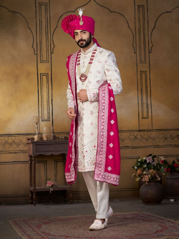 White Thread Embellished Silk Sherwani For Mens