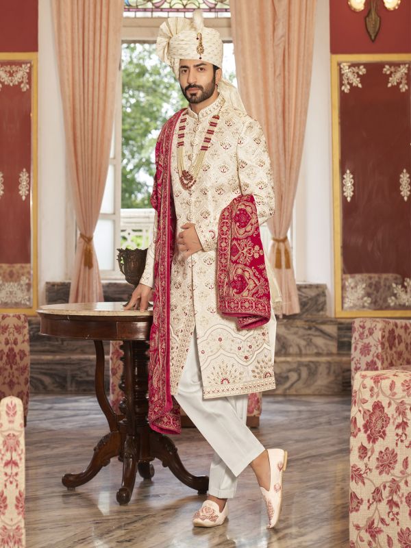 Cream Silk Wedding Sherwani In Thread Embroidery