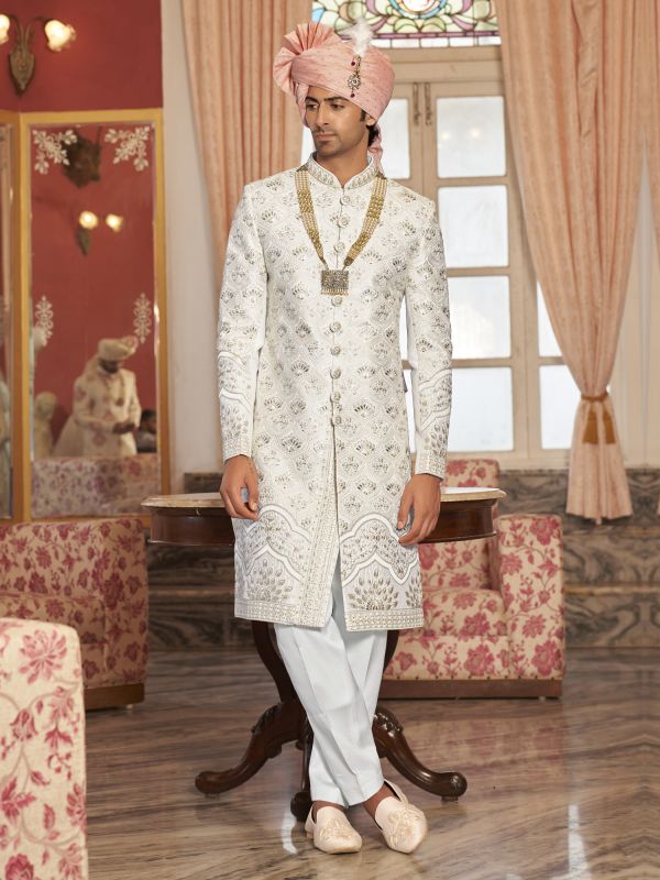 White Stone Embroidered Wedding Sherwani In Silk