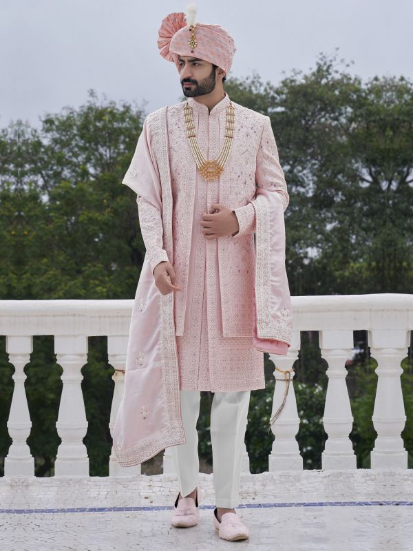 Pink Layered Style Sherwani In Stone Embroidery