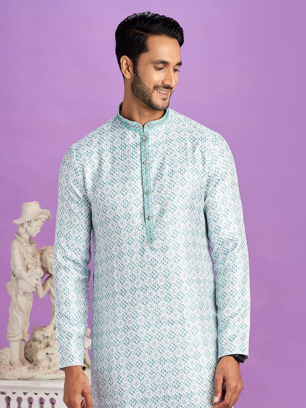 Light Blue Printed Kurta Pyjama In Cotton For Mens