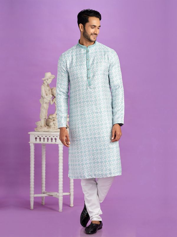 Light Blue Printed Kurta Pyjama In Cotton For Mens