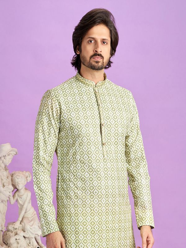 Green Festive Kurta Pyjama Set For Mens In Cotton