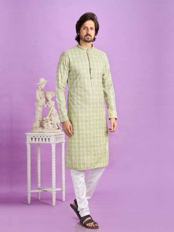 Green Festive Kurta Pyjama Set For Mens In Cotton