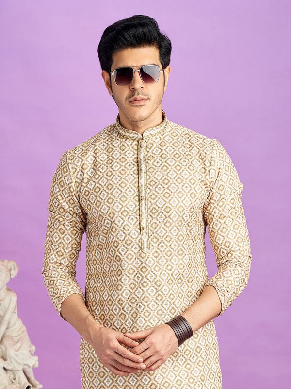 Beige Cotton Kurta Pyjama Set For Mens With Print