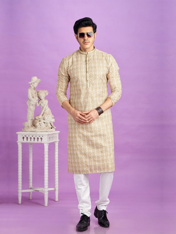 Beige Cotton Kurta Pyjama Set For Mens With Print