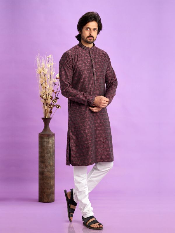Dark Red Self Woven Mens Readymade Kurta