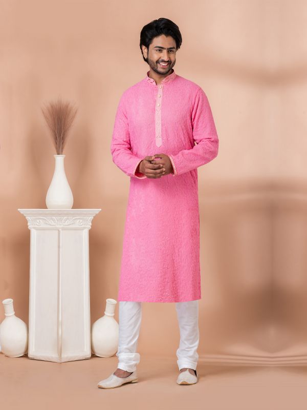 Pink Festive Wear Kurta Pyjama Set In Art Silk