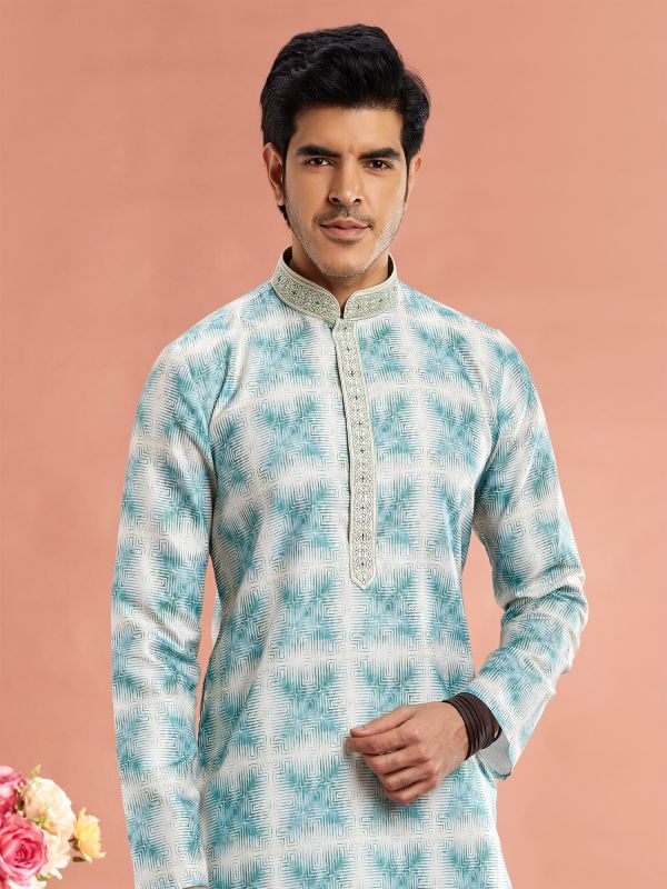 Light Blue Festive Kurta Pyjama For Mens In Cotton
