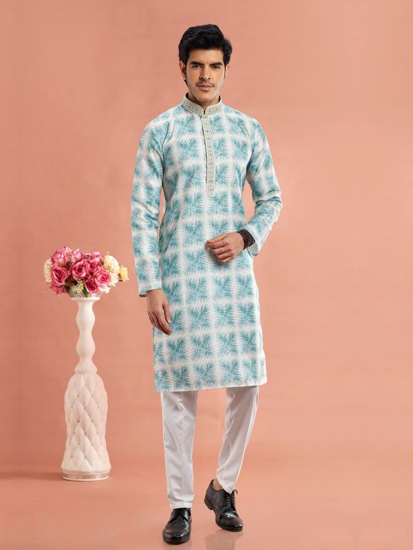 Light Blue Festive Kurta Pyjama For Mens In Cotton