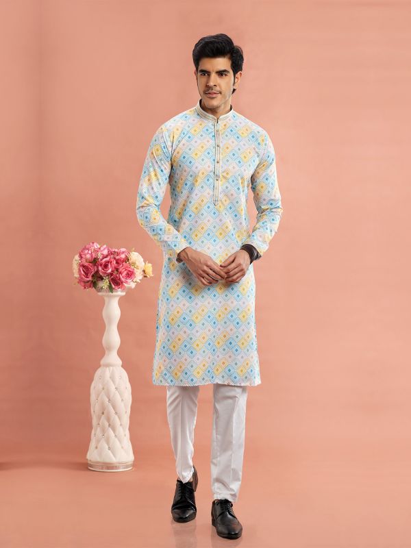 Light Blue Casual Wear Kurta Pyjama In Cotton