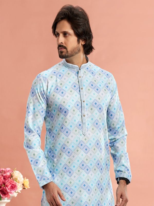 Sky Blue Cotton Kurta Set For Mens In Print