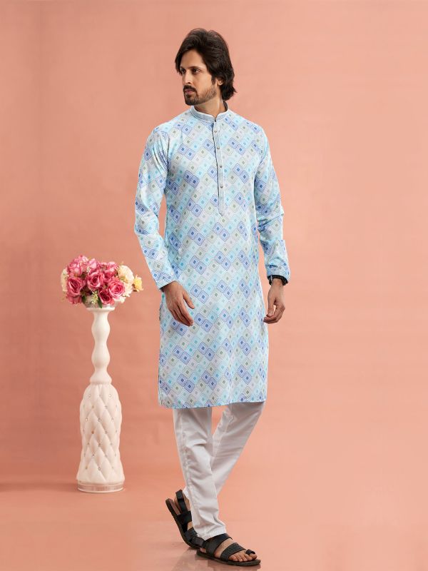 Sky Blue Cotton Kurta Set For Mens In Print