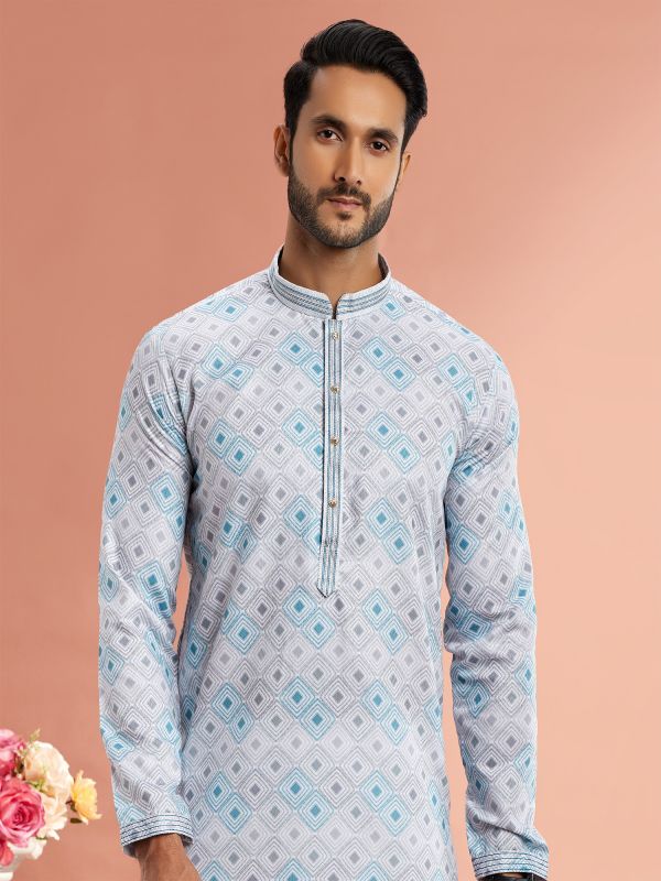 Blue Digital Printed Kurta Pyjama Set For Mens
