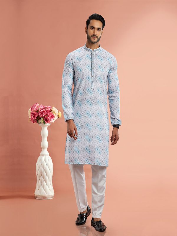 Blue Digital Printed Kurta Pyjama Set For Mens