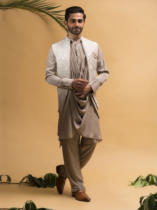 Beige Cowl Kurta With Embrodiered Jacket