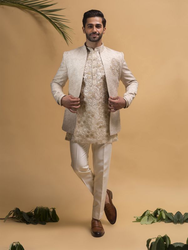 Beige Floral Embroidered Bandhgala Suit With Inside Kurta